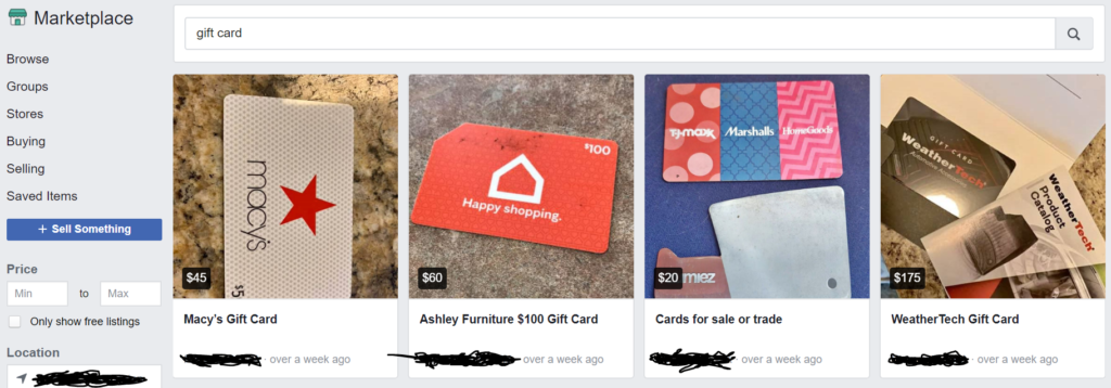 sell gift cards on facebook marketplace