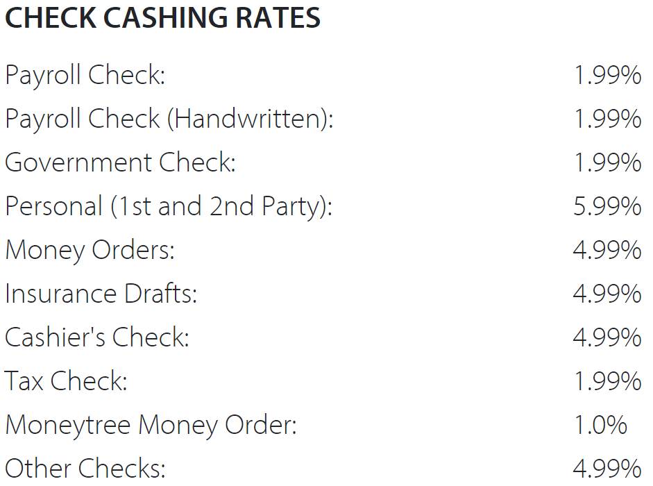 Money tree check cashing rates